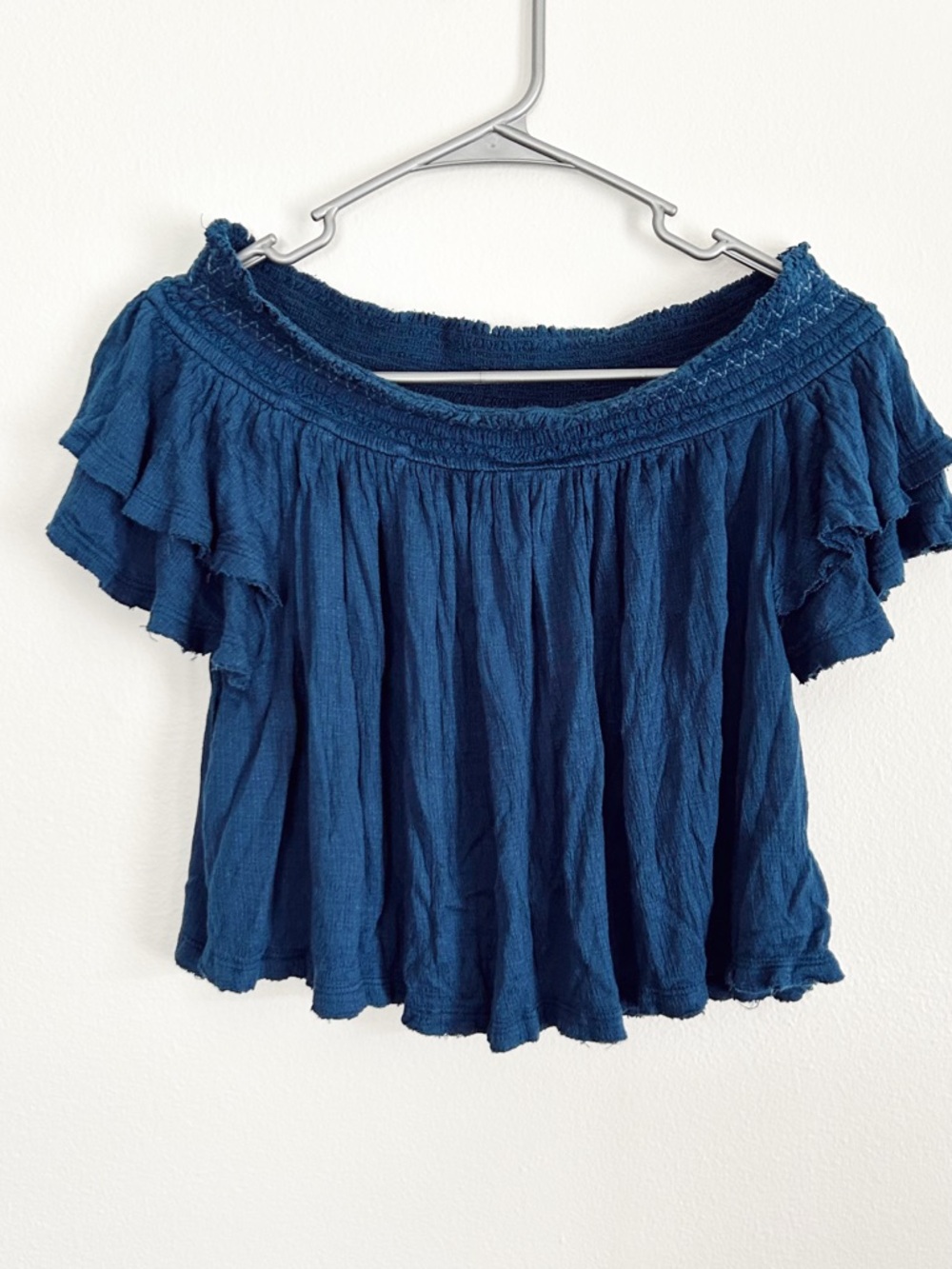 Off-Shoulder Navy Blue Ruffled Women's Top